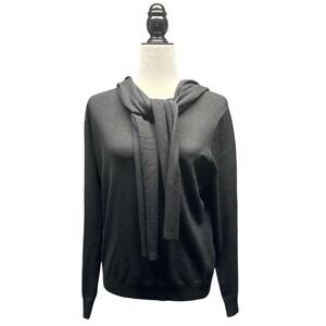 Mila Milano Women's Black Scarf Tie Front‎ Knit Hoodie Sweater Size Large NWT